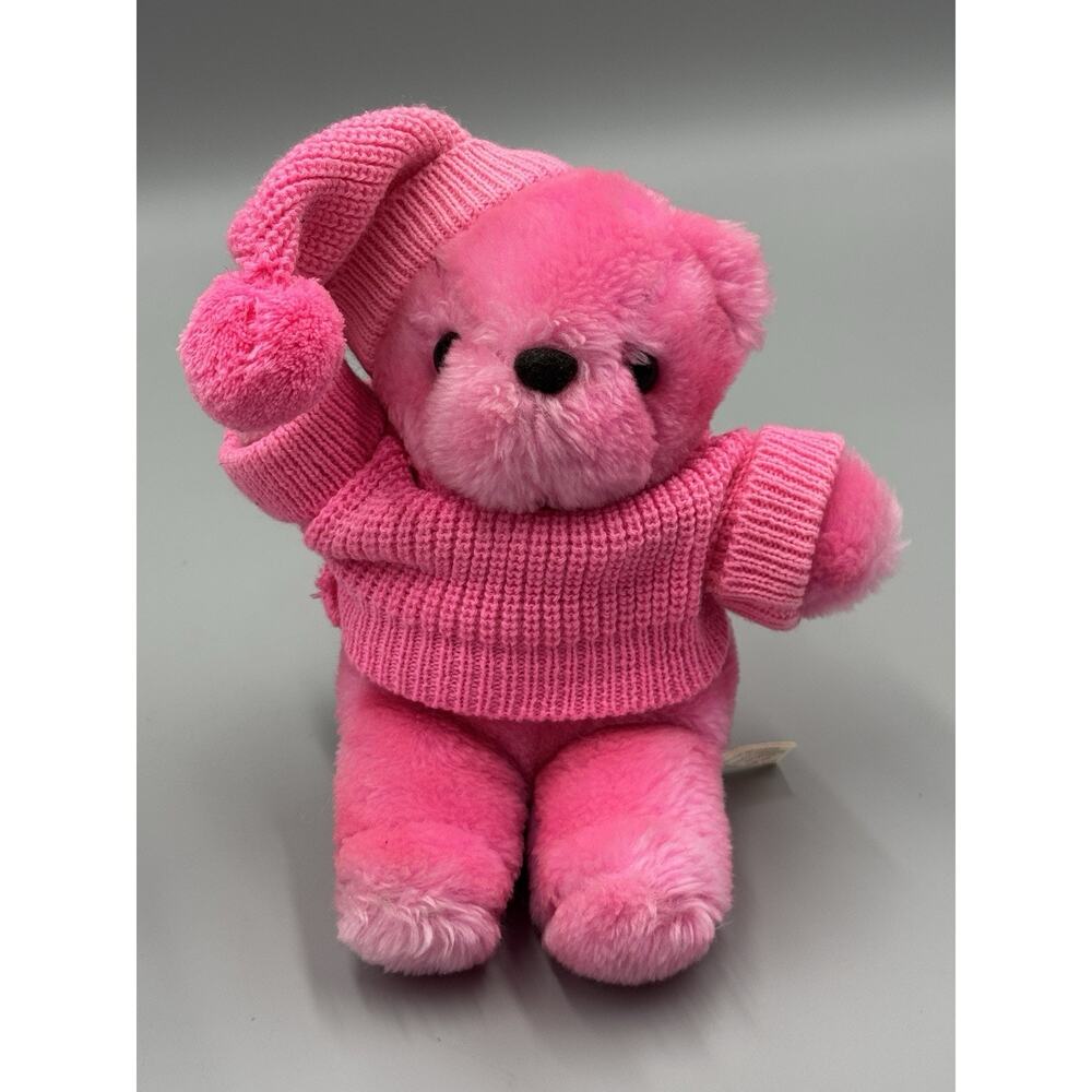 Vtg The World Of Smile Pink Teddy Bear Plush In Knitted Sweater & Cap Hat 7.5”